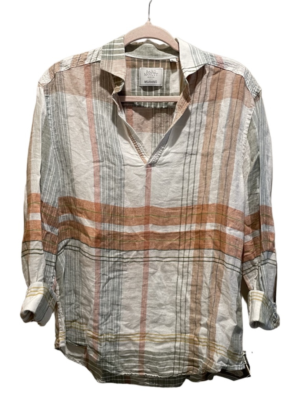 Baird McNutt Men’s Murano Linen Vneck Collared Pullover Shirt, Ivory Plaid. M